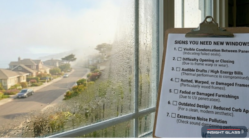 Foggy condensation between window panes on an older San Mateo County home showing signs of seal failure