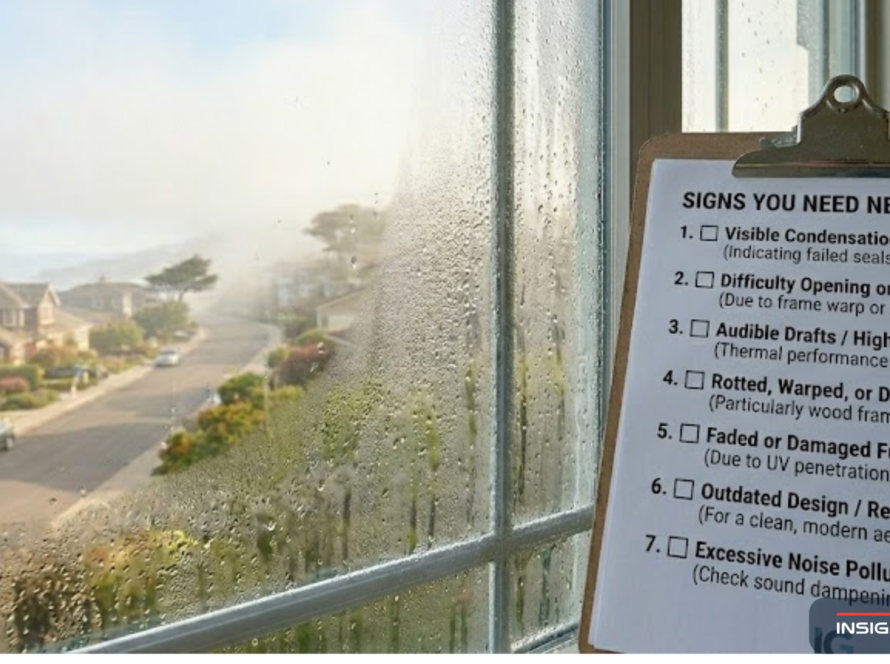 Foggy condensation between window panes on an older San Mateo County home showing signs of seal failure