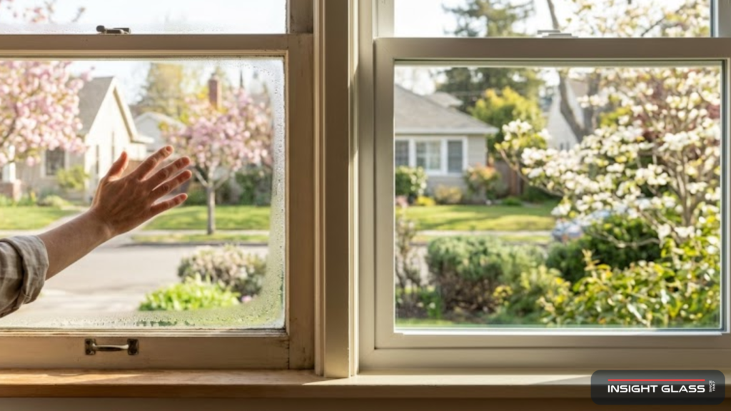 Alameda County homeowner checking older window for replacement signs with spring sunshine and a new energy efficient window installed nearby