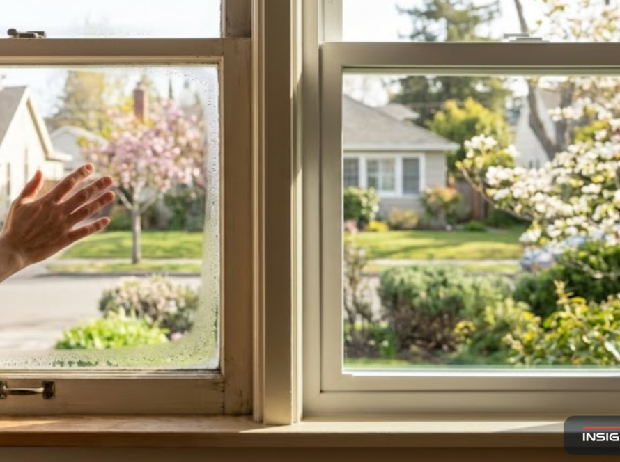 Alameda County homeowner checking older window for replacement signs with spring sunshine and a new energy efficient window installed nearby