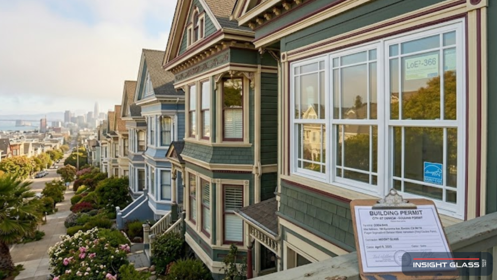 New energy efficient replacement window installed on a San Francisco Victorian home with city fog clearing in the background