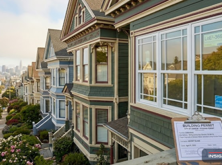 New energy efficient replacement window installed on a San Francisco Victorian home with city fog clearing in the background