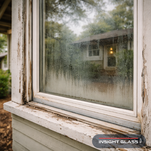 Aging single-pane window with salt-air corrosion showing signs you need window replacement Benicia homeowners should recognize