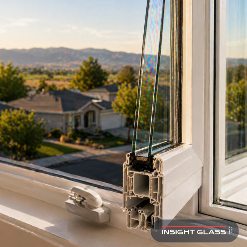 Energy-efficient dual-pane vinyl-frame window detail showing cost savings from window replacement Dixon homeowners invest in