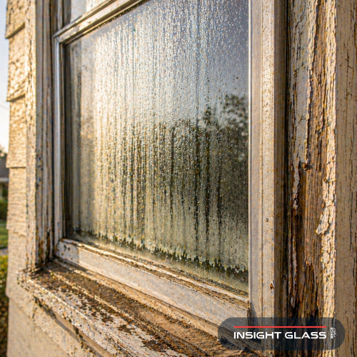 Aging single-pane window with sun-faded frame and weatherstripping showing signs you need window replacement Dixon homeowners should recognize