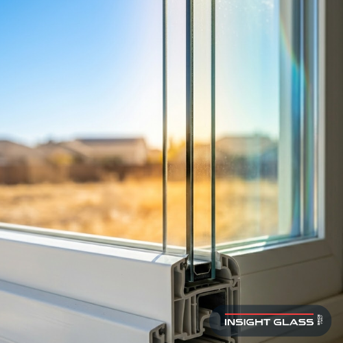 Close-up of energy-efficient dual-pane Low-E coated replacement window with argon gas fill protecting a Stockton California home from Central Valley heat