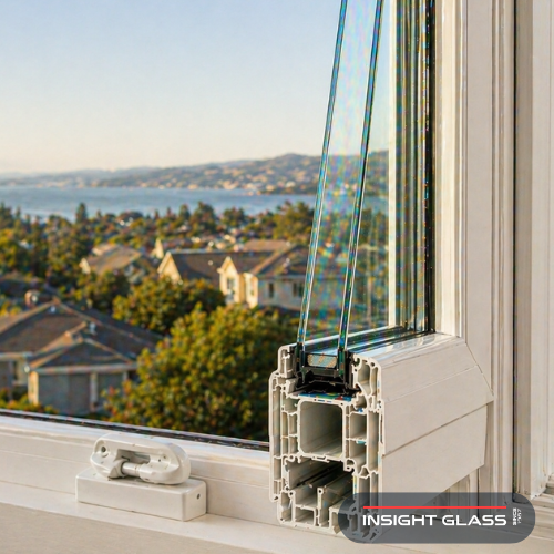 Energy-efficient dual-pane vinyl-frame window detail showing cost savings from window replacement Hercules homeowners invest in