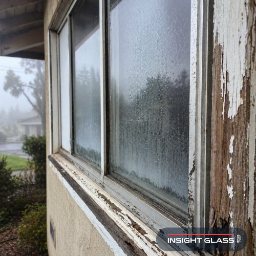 Aging single-pane aluminum window with condensation and weather damage showing signs you need window replacement Fairfield homeowners should recognize