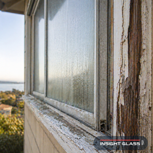Aging single-pane window with salt-corroded aluminum frame and weatherstripping showing signs you need window replacement Hercules homeowners should recognize