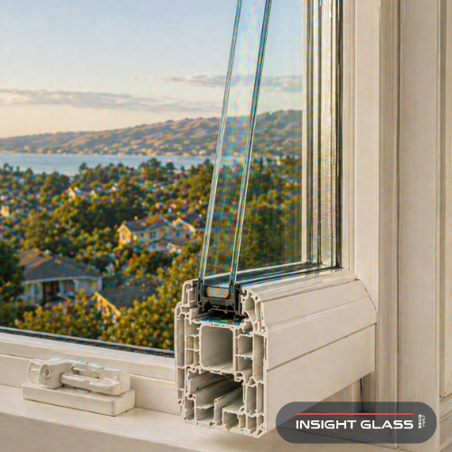 Energy-efficient dual-pane vinyl-frame window detail showing cost savings from window replacement Pinole homeowners invest in
