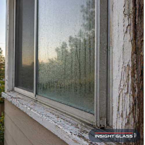 Aging single-pane window with salt-corroded aluminum frame and weatherstripping showing signs you need window replacement Pinole homeowners should recognize