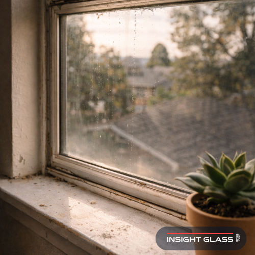 Aging single-pane window with condensation showing signs you need window replacement Sacramento homeowners should recognize