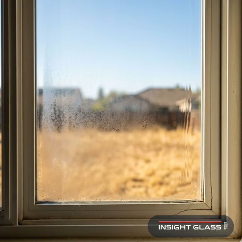 Old damaged window with foggy glass panes and cracked frame on a Stockton California home in Central Valley summer heat