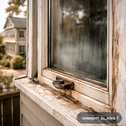 Aging single-pane window with sun damage showing signs you need window replacement Suisun City homeowners should recognize