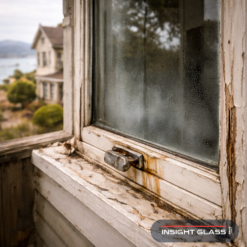 Aging single-pane window with salt-air corrosion showing signs you need window replacement Vallejo homeowners should recognize