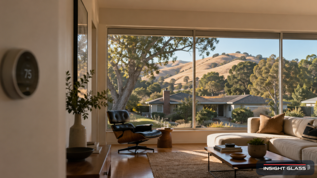 Bay Area living room with Low-E energy-efficient windows blocking summer heat while the AC stays off.