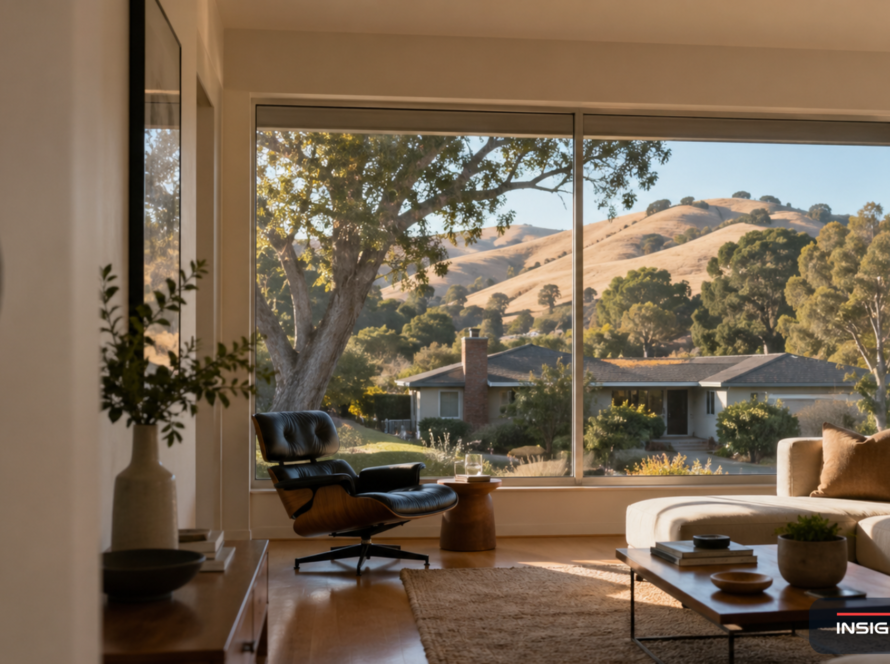 Bay Area living room with Low-E energy-efficient windows blocking summer heat while the AC stays off.
