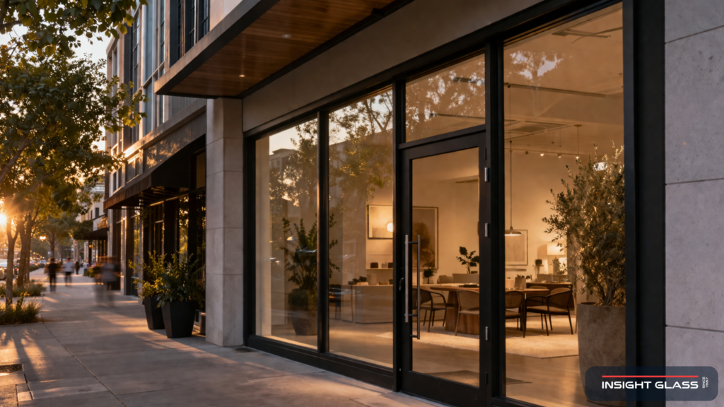 Modern Bay Area commercial storefront with floor-to-ceiling aluminum-framed glass and a thermally broken black-finished entry system at golden hour.