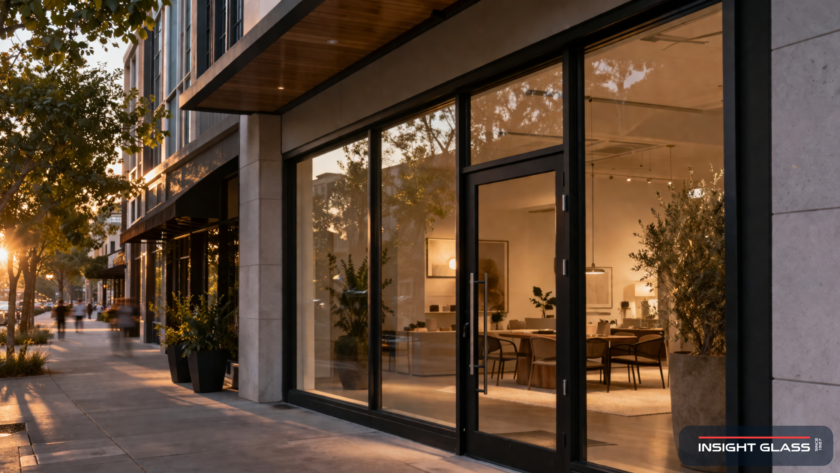 Modern Bay Area commercial storefront with floor-to-ceiling aluminum-framed glass and a thermally broken black-finished entry system at golden hour.