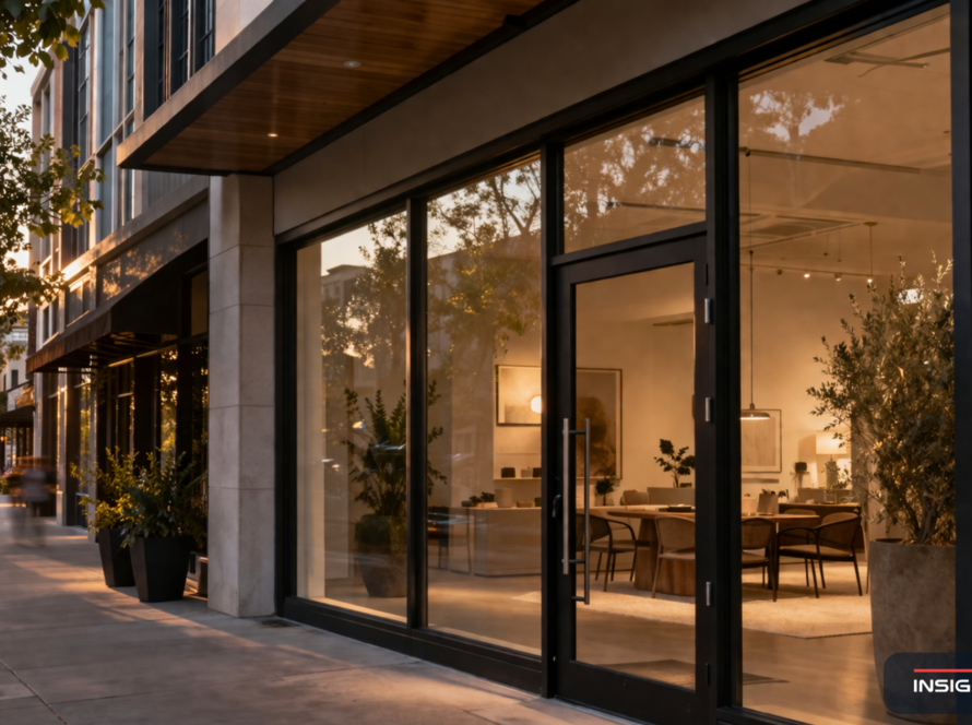 Modern Bay Area commercial storefront with floor-to-ceiling aluminum-framed glass and a thermally broken black-finished entry system at golden hour.