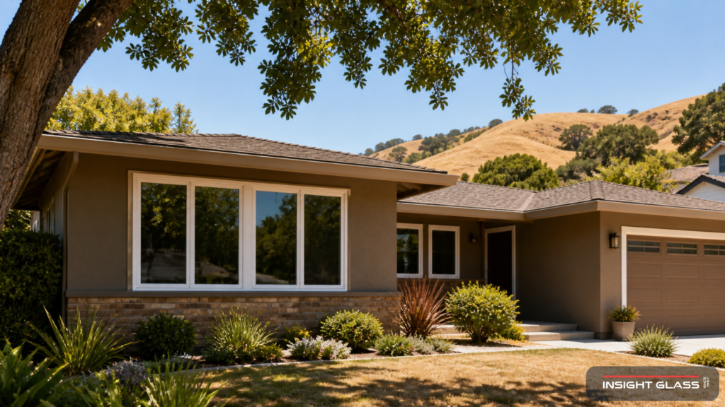 Inland Bay Area ranch home in Livermore-style suburban setting with new energy-efficient vinyl windows on a hot summer afternoon.