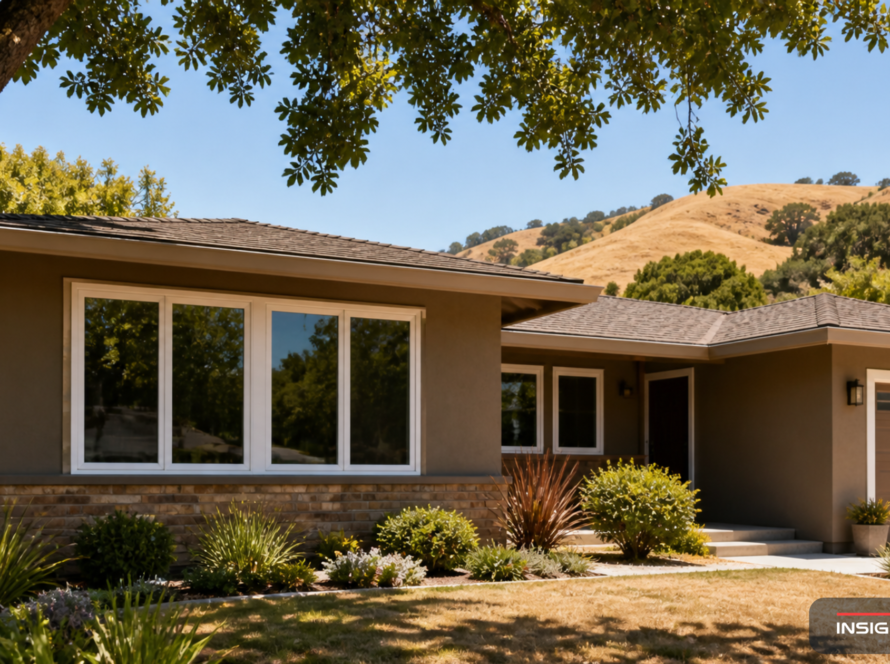 Inland Bay Area ranch home in Livermore-style suburban setting with new energy-efficient vinyl windows on a hot summer afternoon.