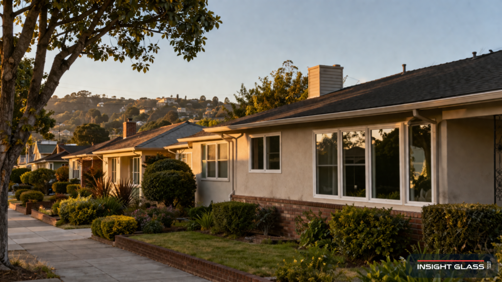 Oakland residential street with mid-century and post-war homes showing recently replaced energy-efficient vinyl windows in late afternoon light.