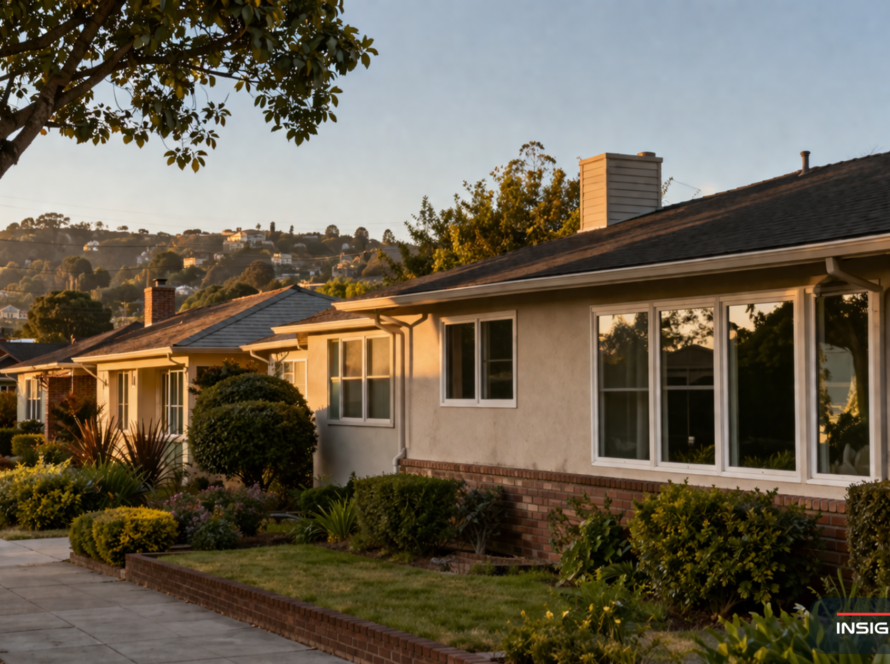 Oakland residential street with mid-century and post-war homes showing recently replaced energy-efficient vinyl windows in late afternoon light.
