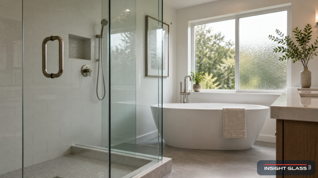 Modern Bay Area master bathroom with frameless tempered glass shower enclosure and tempered window above the tub, meeting California Building Code safety glazing requirements.