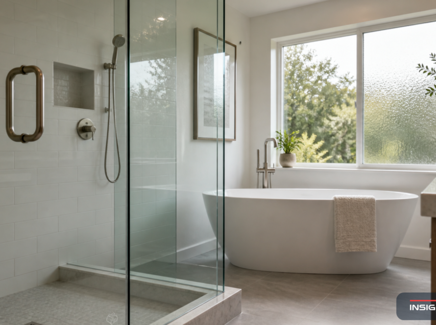 Modern Bay Area master bathroom with frameless tempered glass shower enclosure and tempered window above the tub, meeting California Building Code safety glazing requirements.