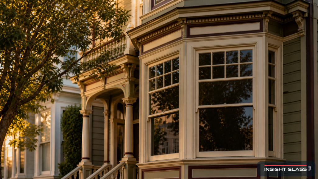 Classic San Francisco Victorian home facade with traditional 4-over-1 mullion-divided wood windows in late afternoon light, showing period-correct architectural detail.