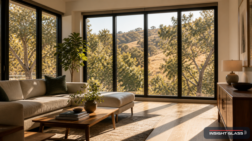 Modern Bay Area living room with floor-to-ceiling south-facing windows using spectrally selective Low-E glass to deliver bright daylight while blocking summer heat.