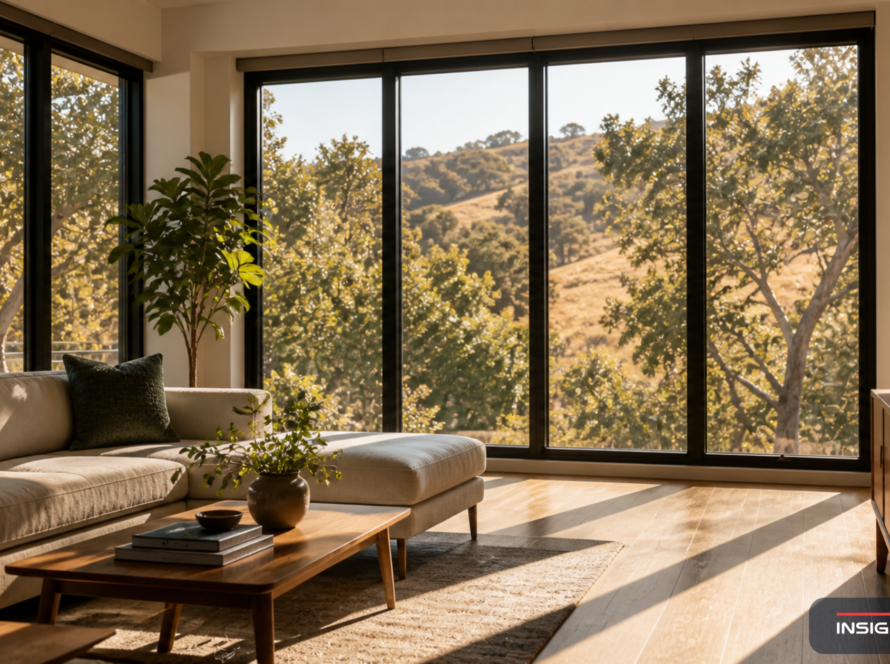 Modern Bay Area living room with floor-to-ceiling south-facing windows using spectrally selective Low-E glass to deliver bright daylight while blocking summer heat.