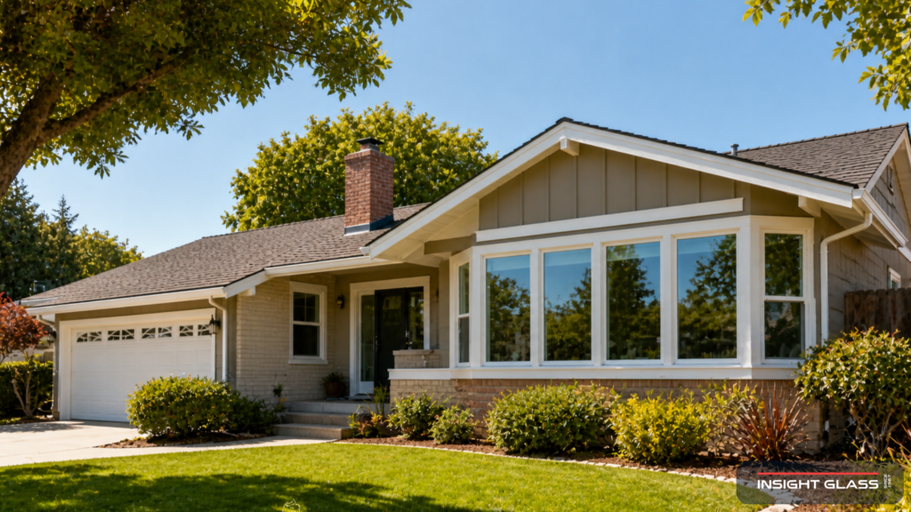 Bay Area suburban home with newly installed energy-efficient vinyl windows across the front elevation, the completion of a whole-home replacement project.