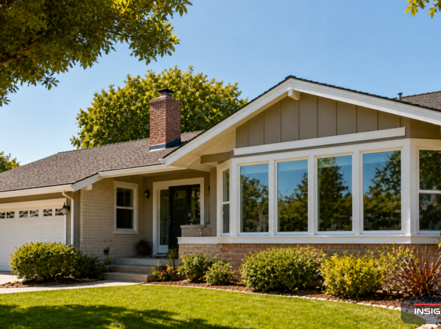 Bay Area suburban home with newly installed energy-efficient vinyl windows across the front elevation, the completion of a whole-home replacement project.