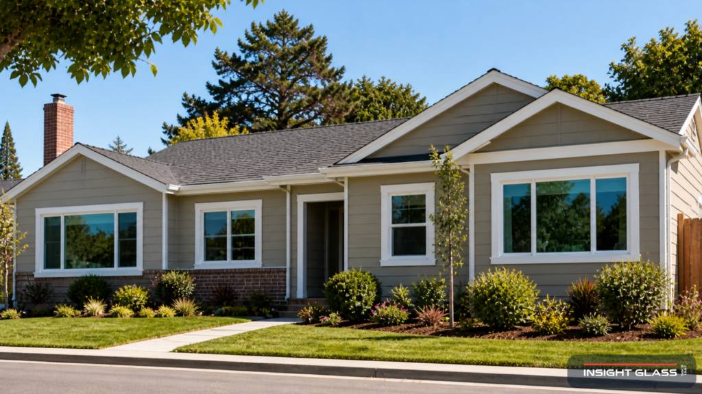 Bay Area suburban home with newly installed white vinyl windows showing welded corners and Low-E glass in clean morning light.