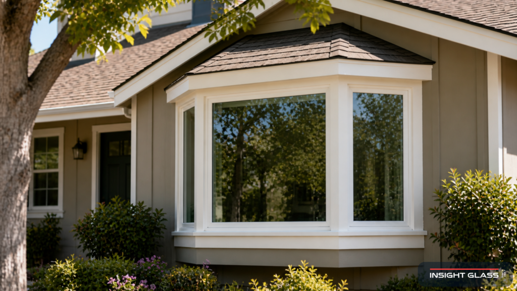 Bay Area home exterior with a newly installed canted bay window assembly showing angled side lites, vinyl frames, and a custom roof above.