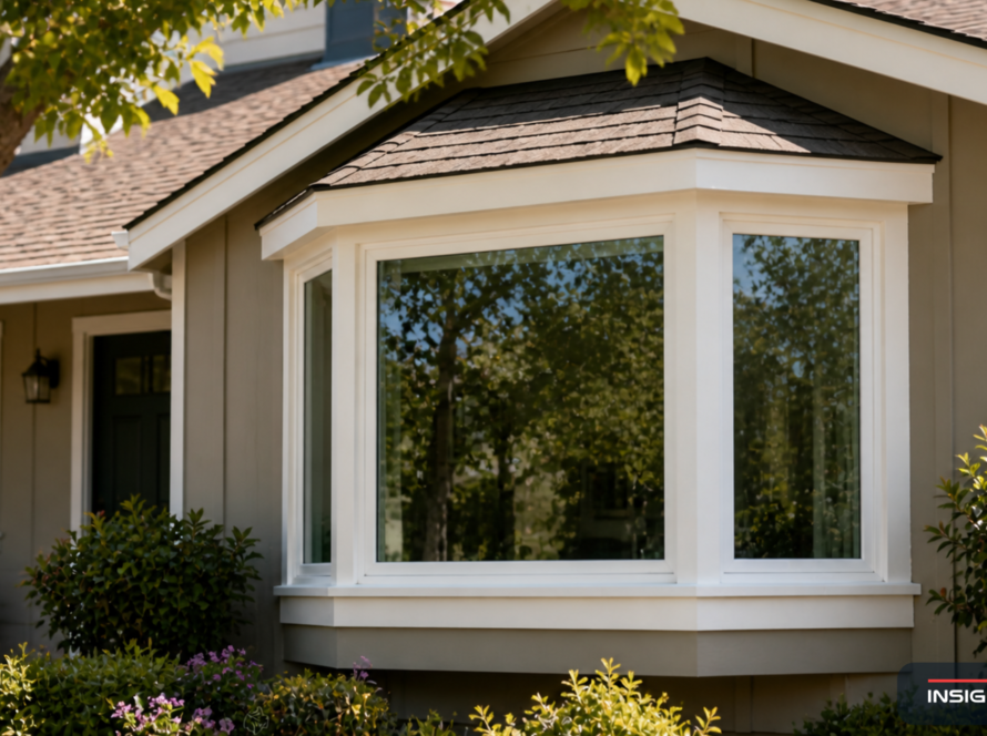 Bay Area home exterior with a newly installed canted bay window assembly showing angled side lites, vinyl frames, and a custom roof above.