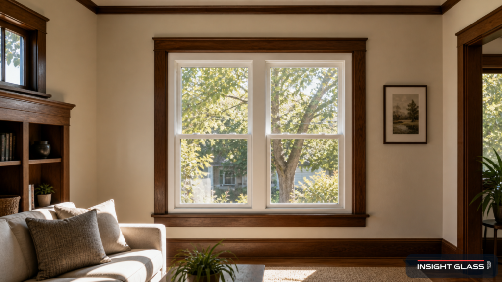Bay Area home interior with a newly installed retrofit window showing the new vinyl insert nested cleanly inside the original wood casing.