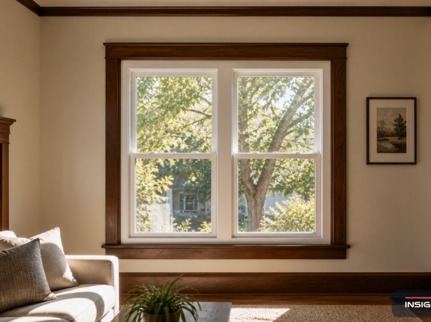 Bay Area home interior with a newly installed retrofit window showing the new vinyl insert nested cleanly inside the original wood casing.