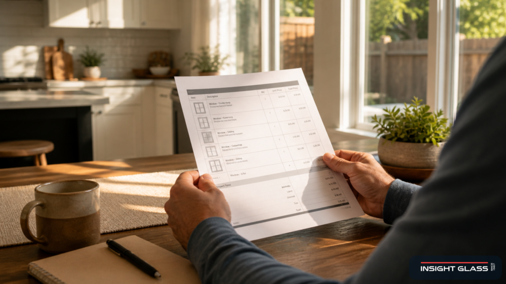 Bay Area homeowner reviewing a window replacement quote at a sunlit kitchen table while vetting a local window contractor.