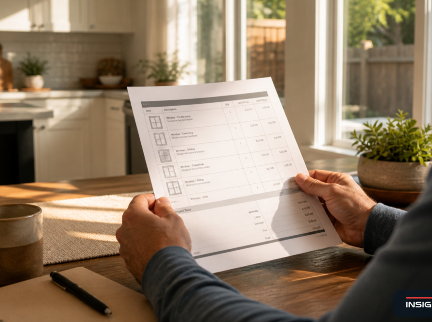Bay Area homeowner reviewing a window replacement quote at a sunlit kitchen table while vetting a local window contractor.