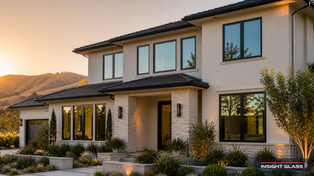 Modern Tri-Valley home in Pleasanton or San Ramon with newly installed black-frame Low-E windows in golden-hour light against foothill backdrop.