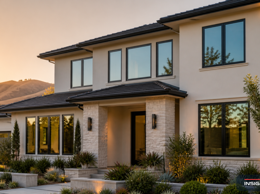 Modern Tri-Valley home in Pleasanton or San Ramon with newly installed black-frame Low-E windows in golden-hour light against foothill backdrop.