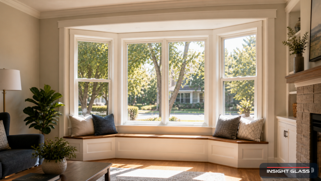 Bay Area home interior with a newly installed canted 4-lite bay window showing white vinyl frames, angled side lites, and a custom built-in seat below.