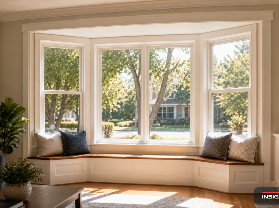 Bay Area home interior with a newly installed canted 4-lite bay window showing white vinyl frames, angled side lites, and a custom built-in seat below.