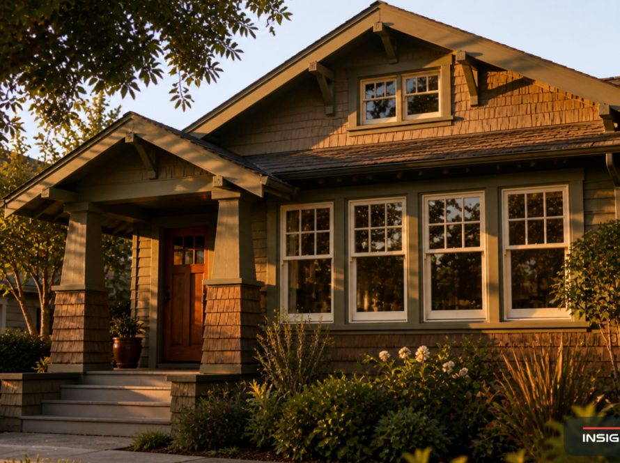 Berkeley Craftsman bungalow with traditional 4-over-1 wood-frame divided-light windows on the front elevation in late afternoon golden-hour light.