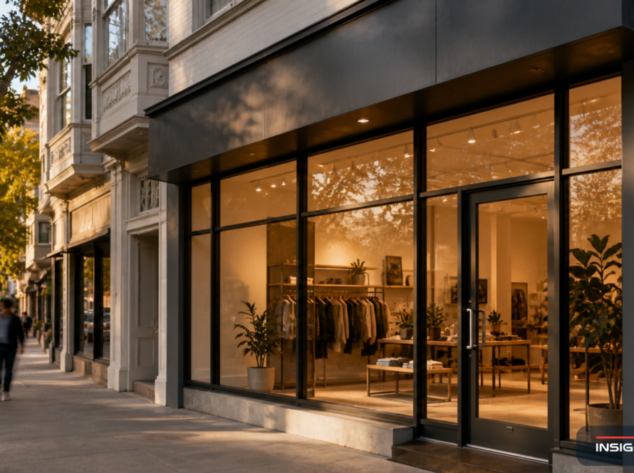 Modern Bay Area commercial storefront with thermally broken black aluminum framing and floor-to-ceiling glass at golden hour.