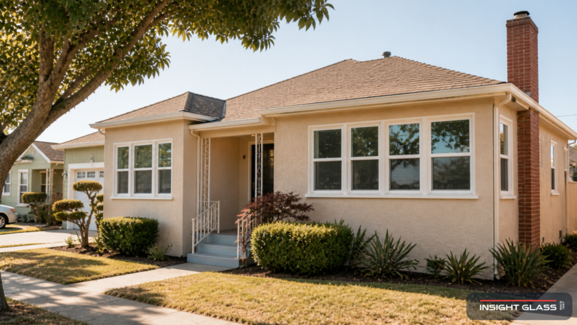 East Oakland 1940s post-war tract home with newly installed white vinyl windows in late-morning light along a quiet residential street.