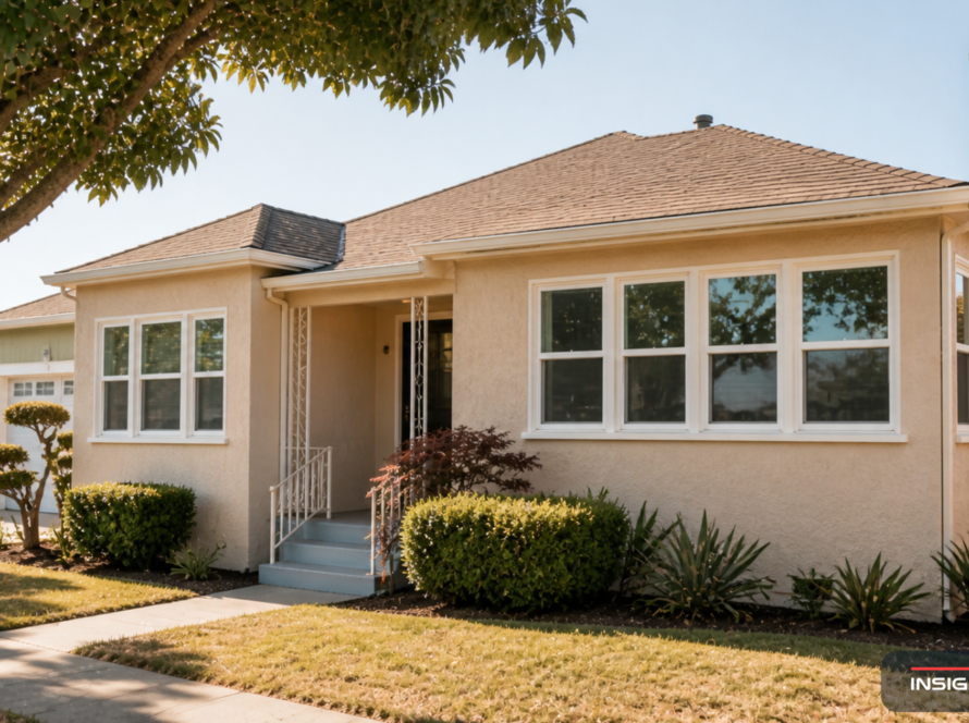 East Oakland 1940s post-war tract home with newly installed white vinyl windows in late-morning light along a quiet residential street.